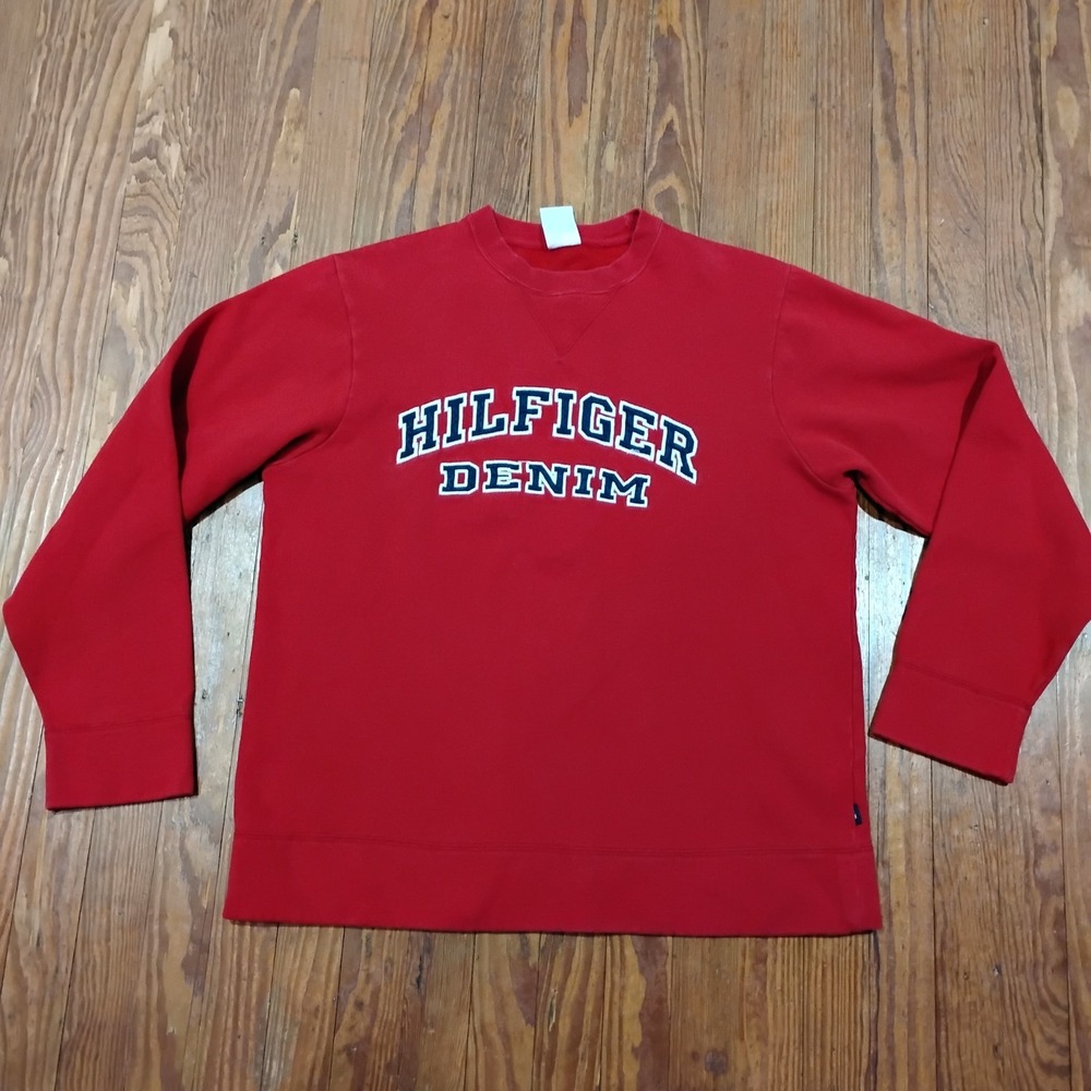 Vintage Tommy Hilfiger Sweatshirt Mens M Red Denim Jeans Sweater Crew Y2K 90s